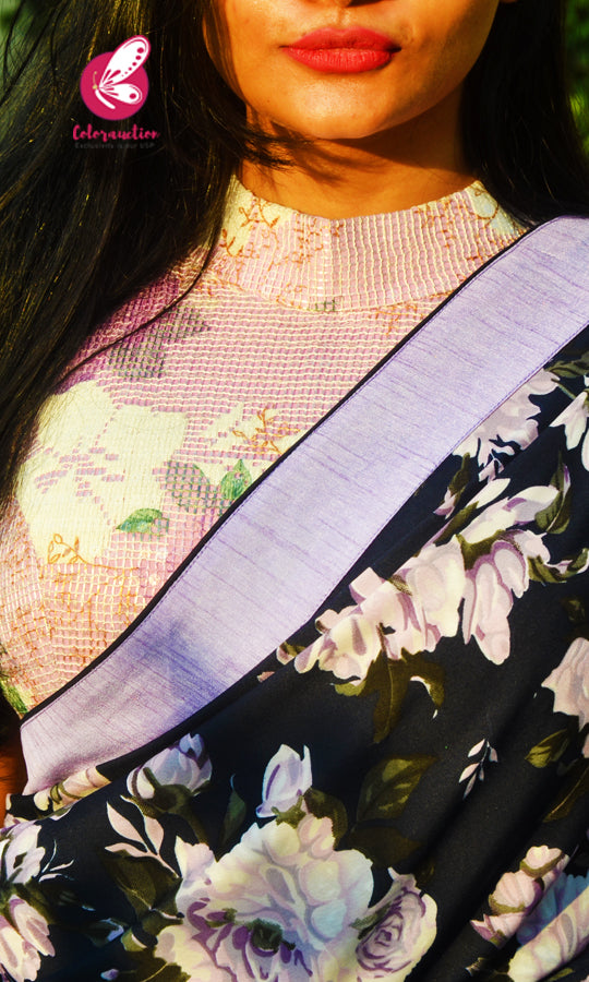 Blue Crepe Lilac Satin Taping Saree