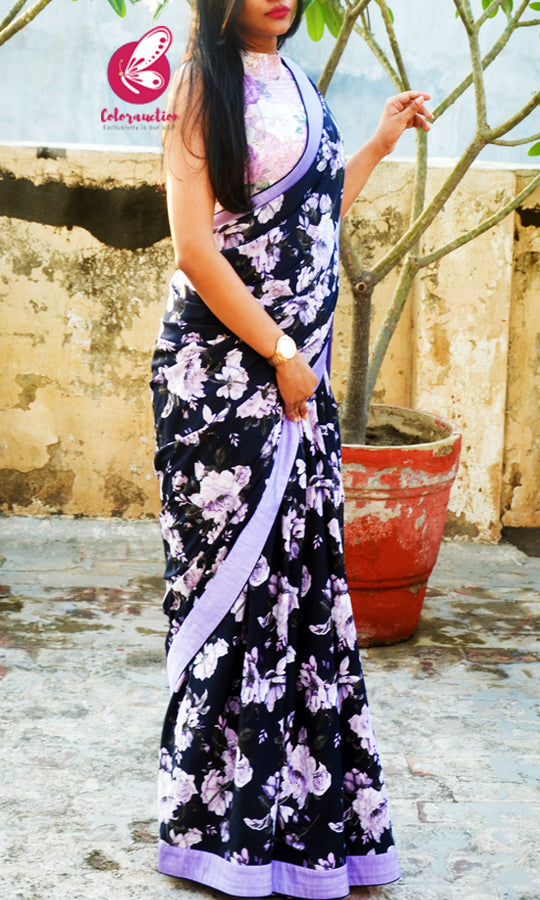 Blue Crepe Lilac Satin Taping Saree