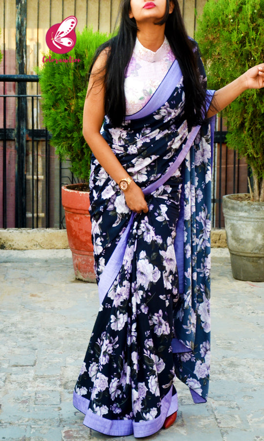 Blue Crepe Lilac Satin Taping Saree