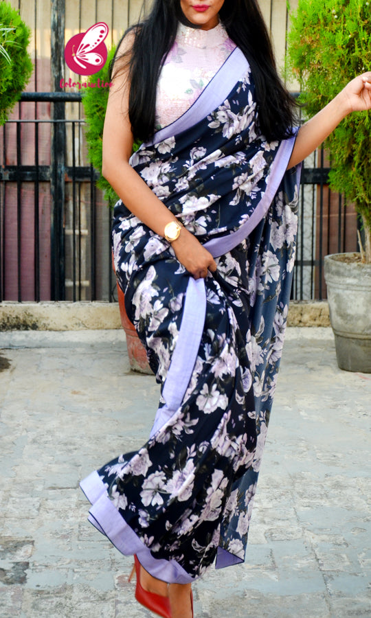 Blue Crepe Lilac Satin Taping Saree