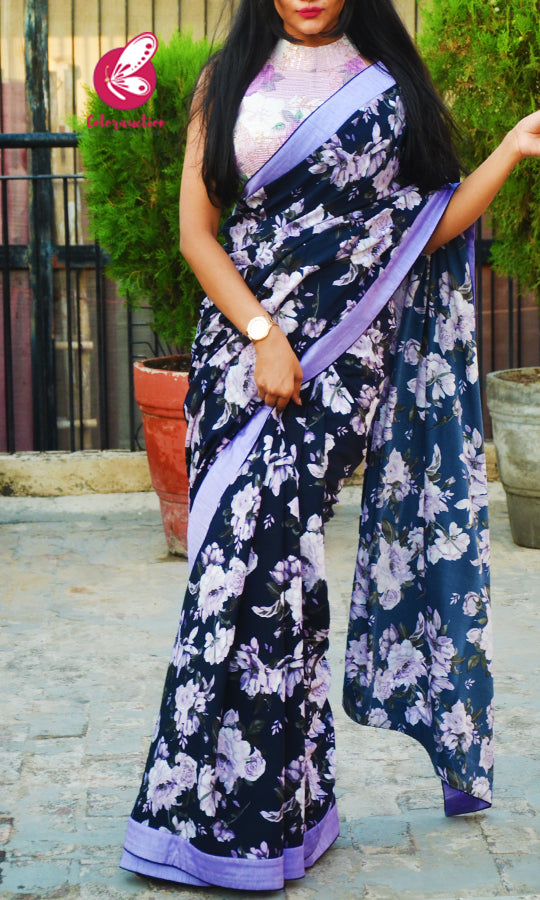 Blue Crepe Lilac Satin Taping Saree