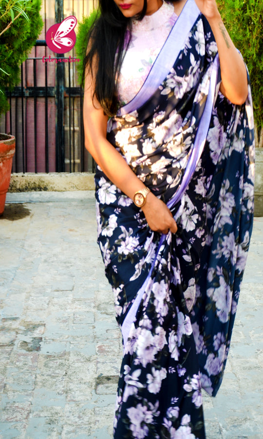 Blue Crepe Lilac Satin Taping Saree