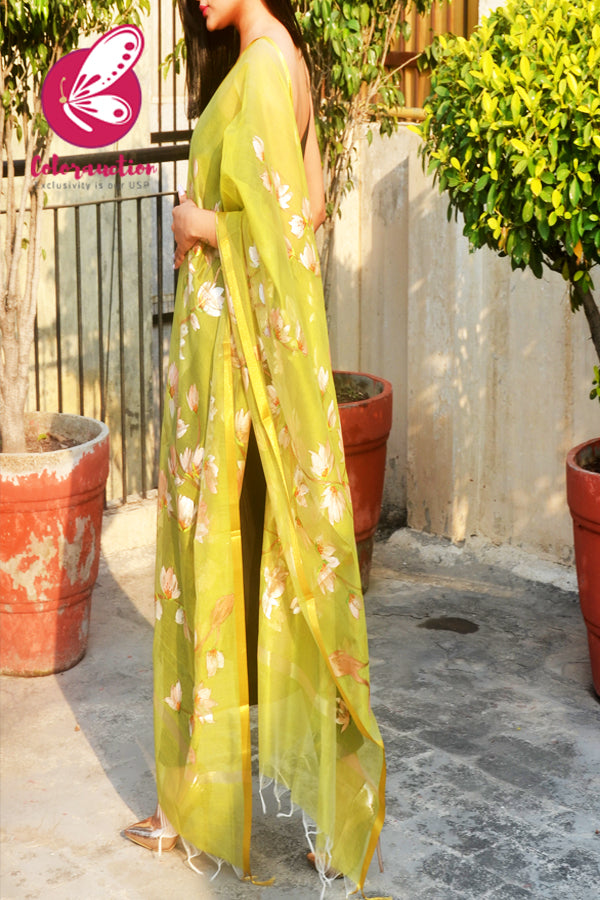 Lime Green Organza Hand-painted Peach Floral Stole