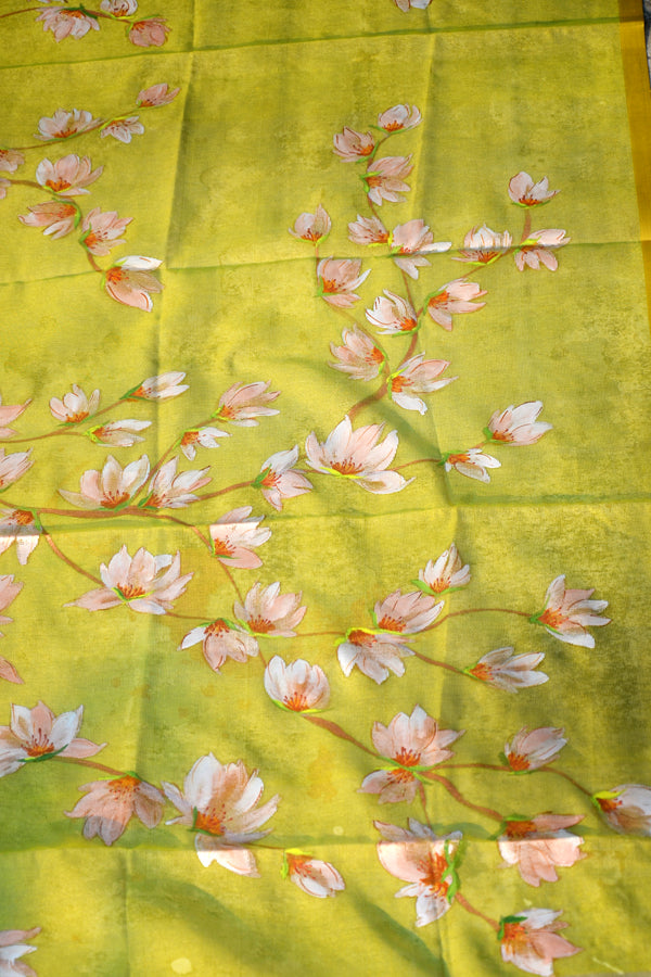 Lime Green Organza Hand-painted Peach Floral Stole