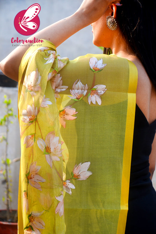 Lime Green Organza Hand-painted Peach Floral Stole