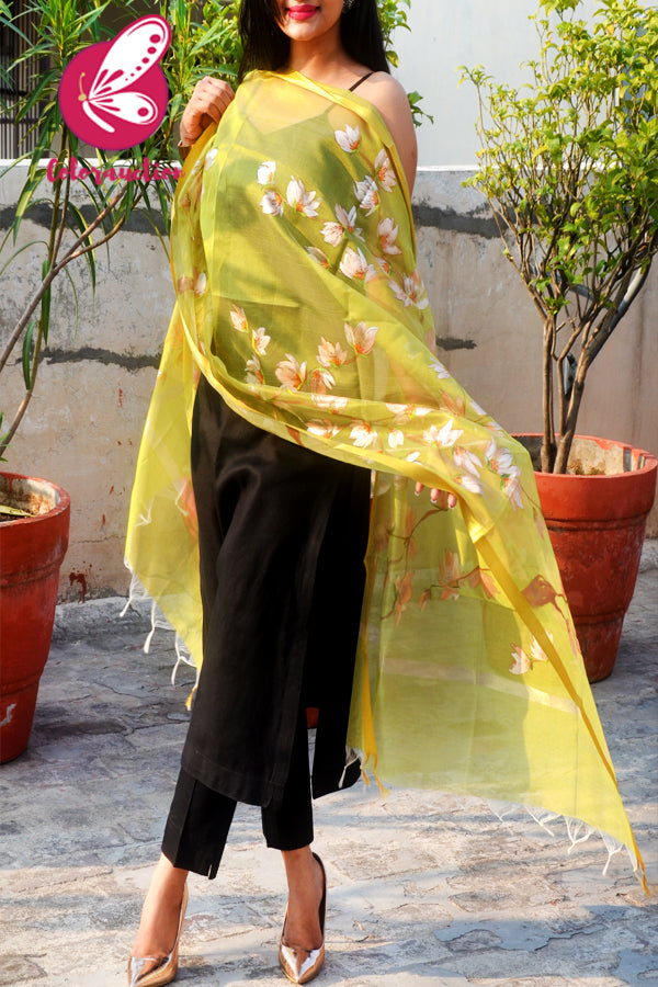 Lime Green Organza Hand-painted Peach Floral Stole