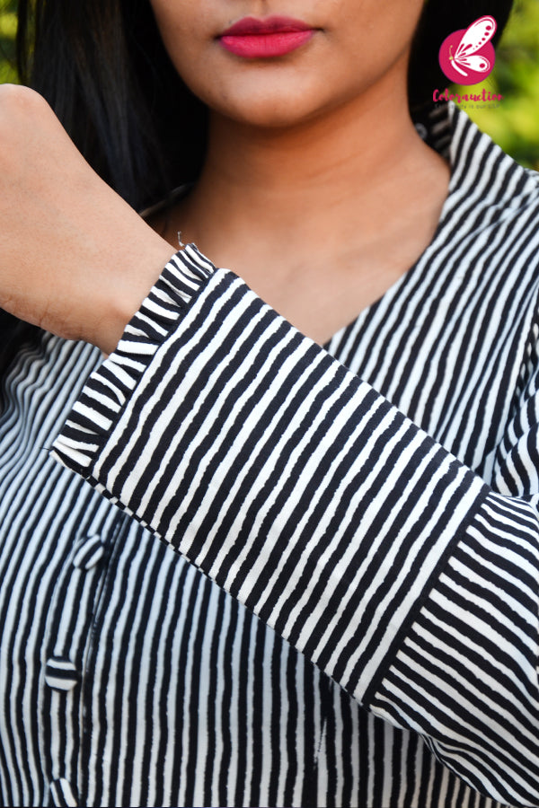 Black & White Rayon Full Sleeves Kurti Set