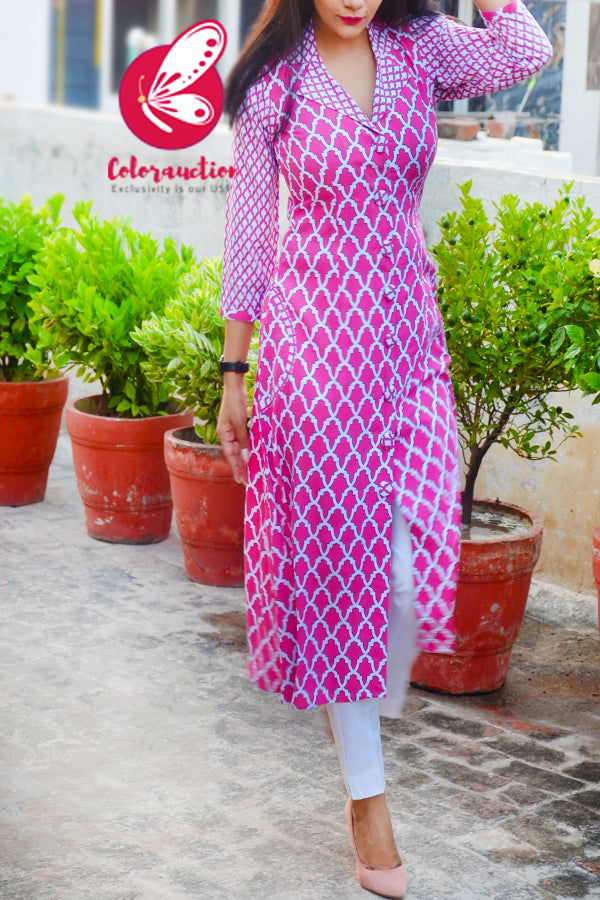 Pink &amp; White Cotton Kurti with White Cotton Silk Pants