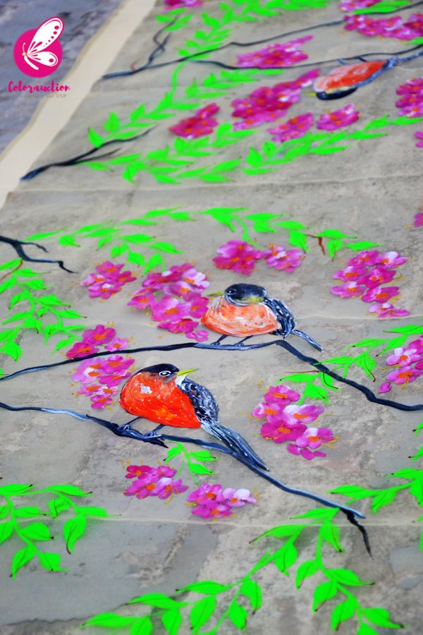 Cream Organza Dark Pink Floral Hand painted Stole