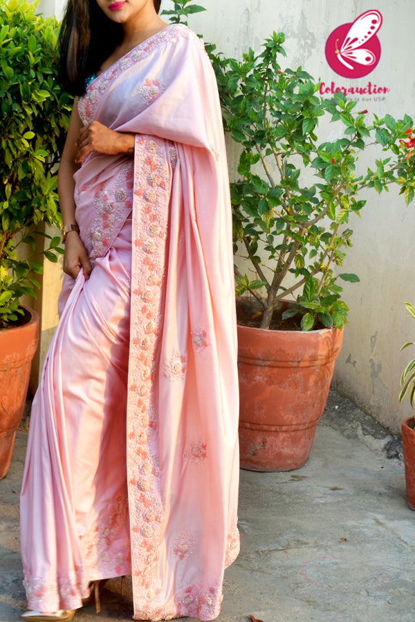 Baby Pink Pure Silk Pearl Hand Embroiered Saree