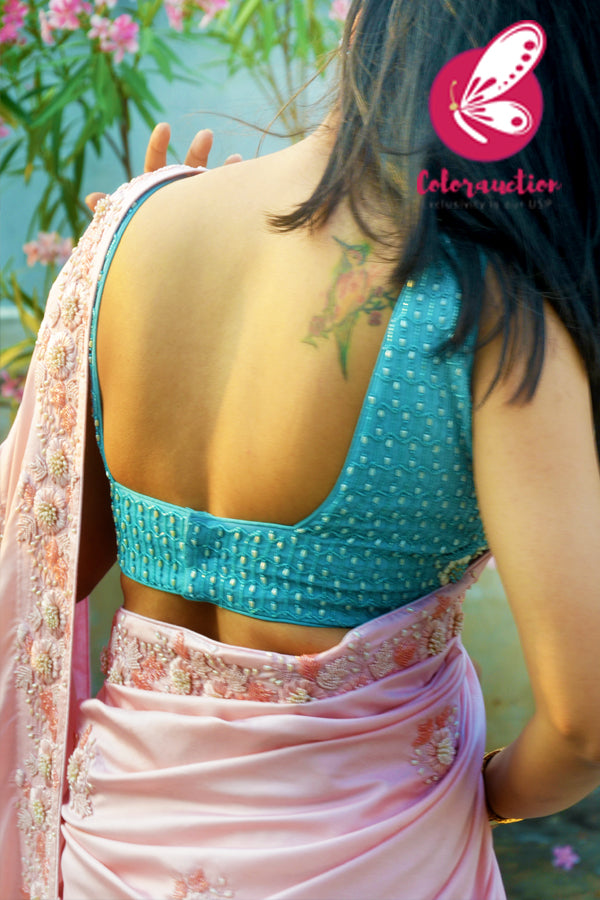 Baby Pink Pure Silk Pearl Hand Embroiered Saree