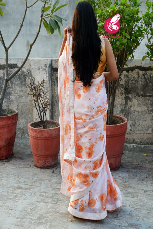 Creamish Orangish Digital Floral Print Satin Georgette Dupion Silk Taping Piping Saree