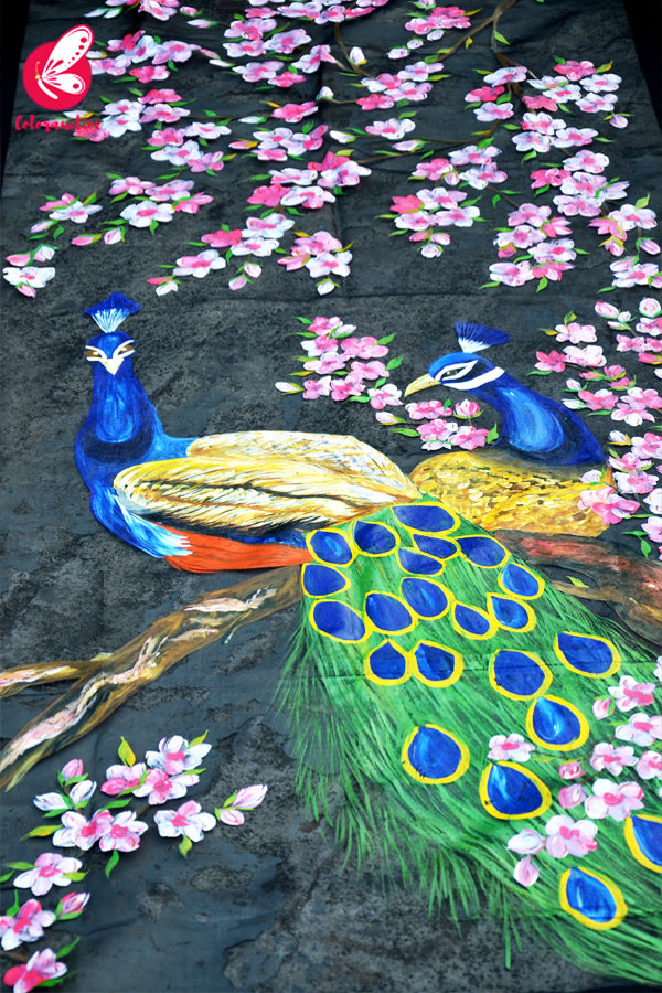 Black Organza Handpainted Peacock Colourful Floral Statement Stole