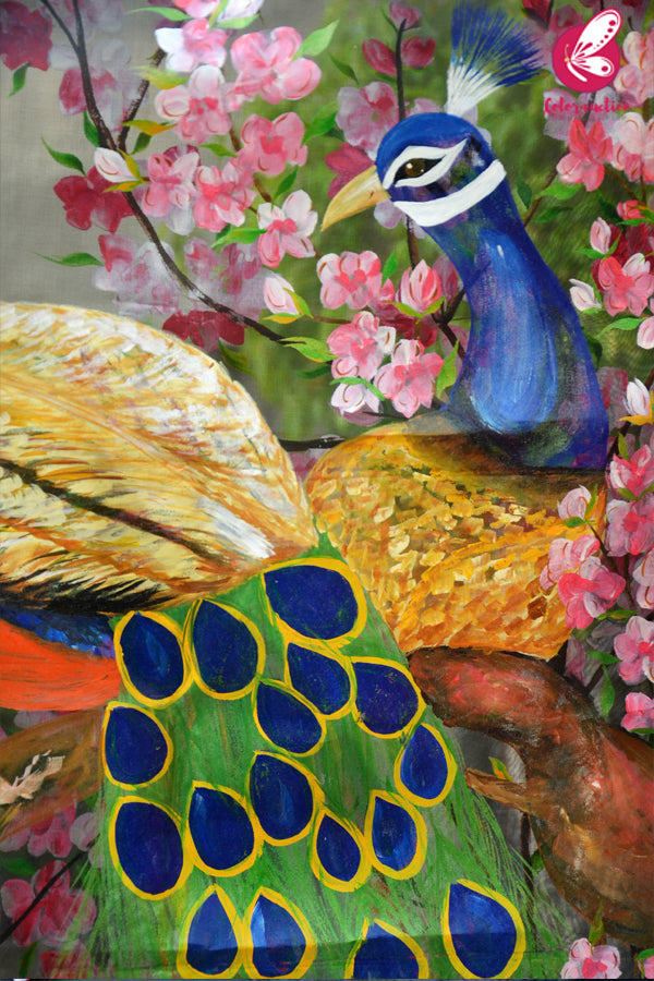 Black Organza Handpainted Peacock Colourful Floral Statement Stole