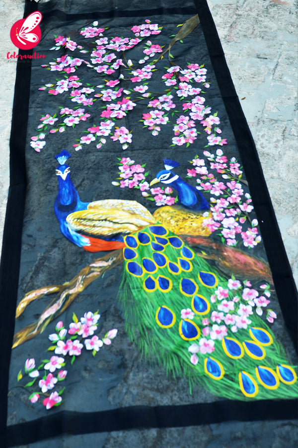 Black Organza Handpainted Peacock Colourful Floral Statement Stole