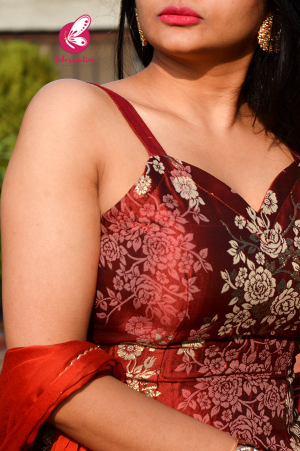 Rust Brocade Kurti With Rust Shantoon Pants and Rust Chinnon Lace Stole