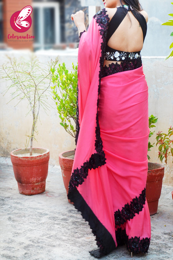 Hot Pink Pure Crepe Floral Applique Saree