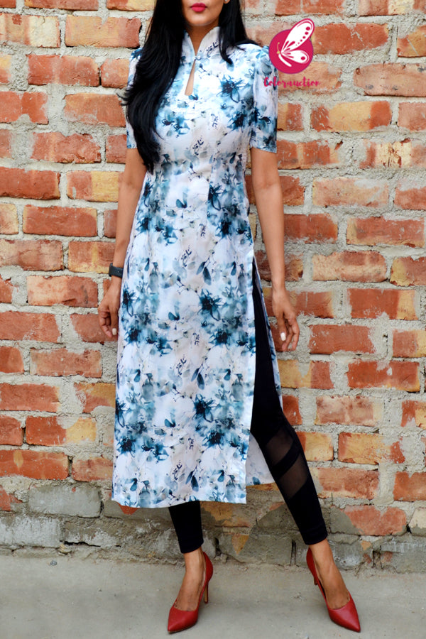 Blue &amp; White CottonLinen Slub Puff Sleeves Kurti