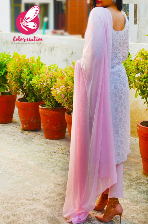 Mauve Pink &amp; Silver Georgette Brocade Silk Padded Kurti with Mauve Pink Stretchable Pants and Silver Mukaish Georgette Dupatta