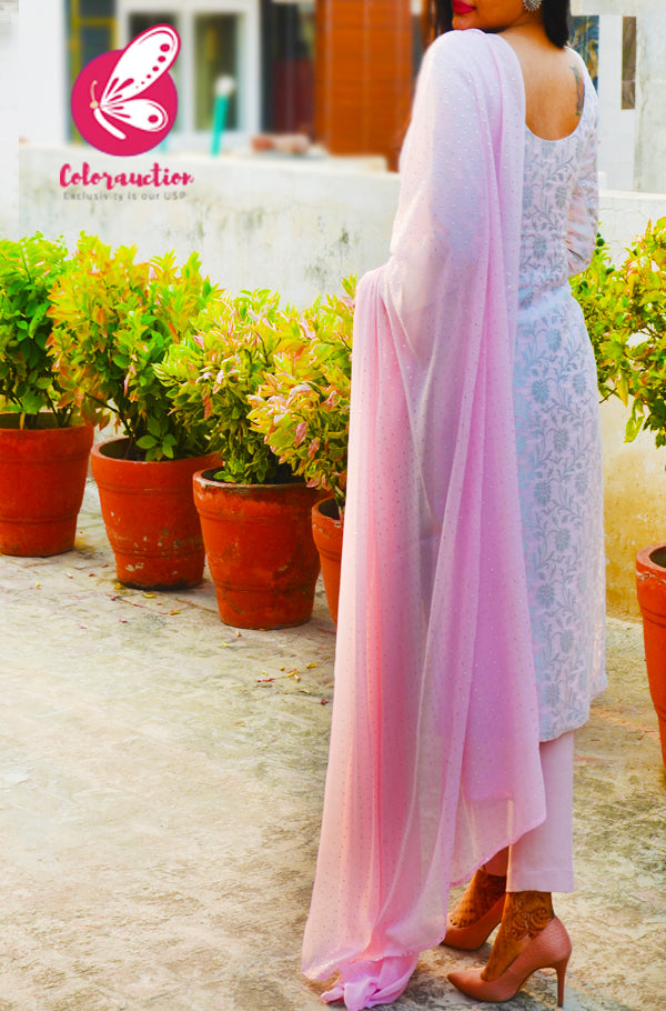 Mauve Pink &amp; Silver Georgette Brocade Silk Padded Kurti with Mauve Pink Stretchable Pants and Silver Mukaish Georgette Dupatta