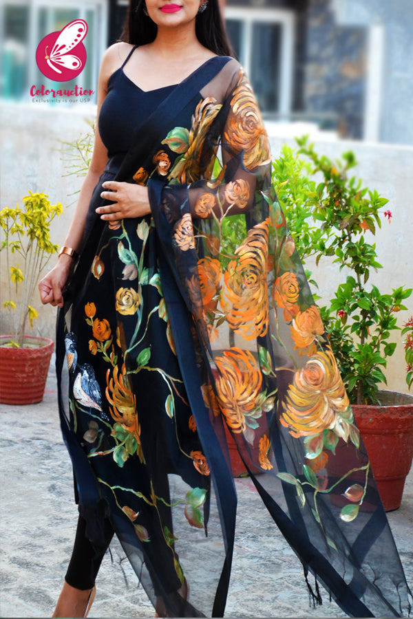Black Organza Orange Dahlia Hand painted Stole
