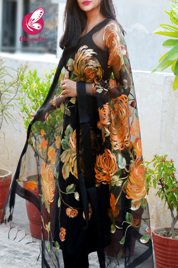 Black Organza Orange Dahlia Hand painted Stole