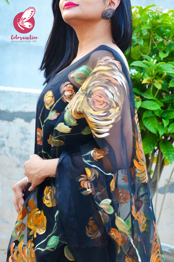 Black Organza Orange Dahlia Hand painted Stole