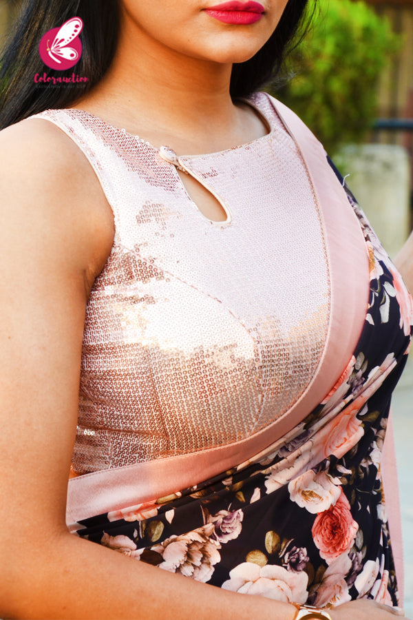 Black Lycra Net Printed Floral Peach Satin Taping Saree