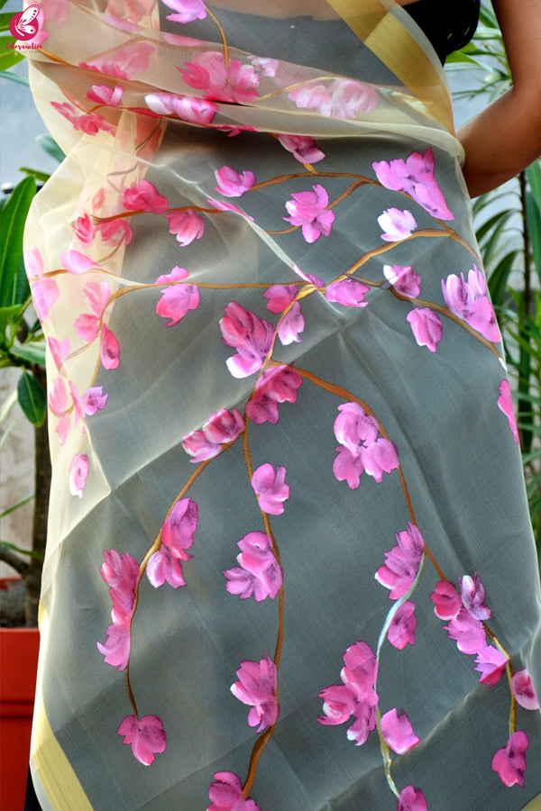 Cream Organza Hand painted Floral Stole