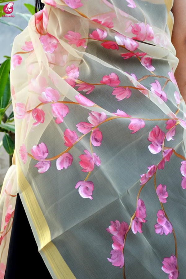 Cream Organza Hand painted Floral Stole