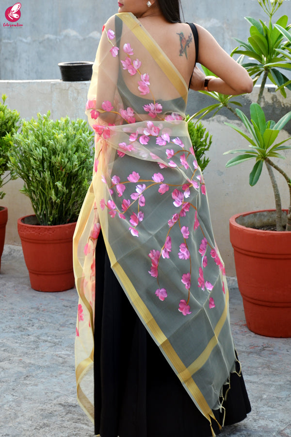 Cream Organza Hand painted Floral Stole