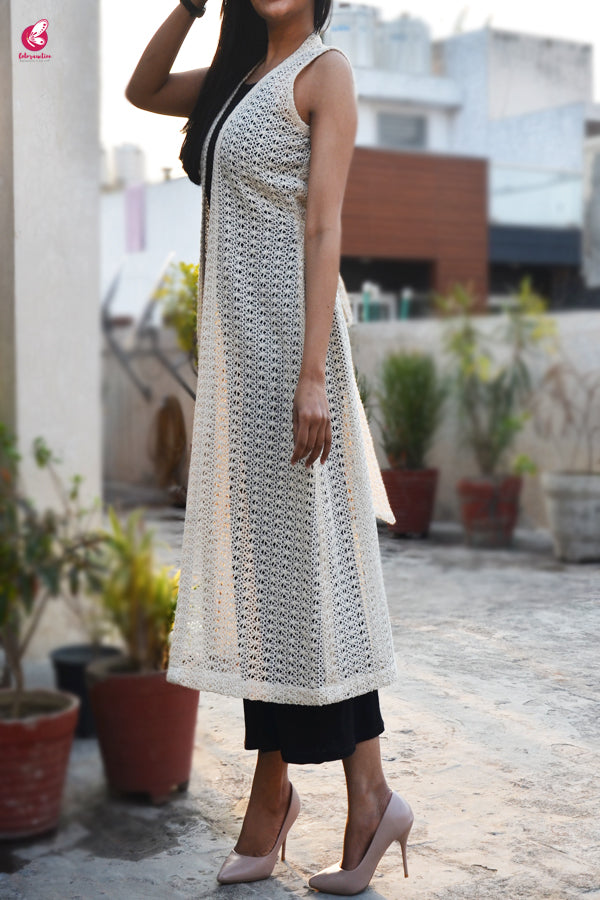 Cream Crochet Lace Long Shrug