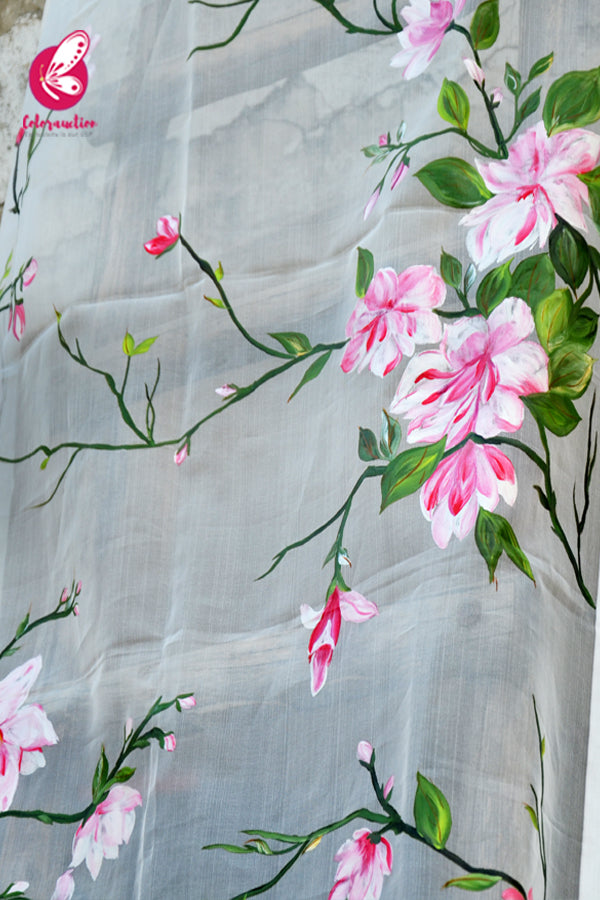 Off White Pink Floral Handpainted Pure Organza Stole