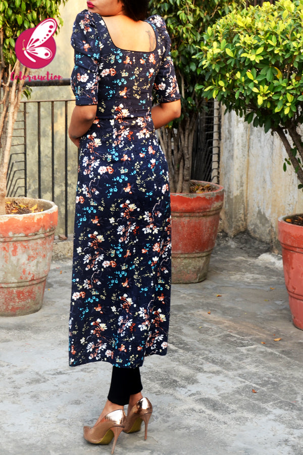 Blue Floral Printed Rayon Half Sleeves Kurti