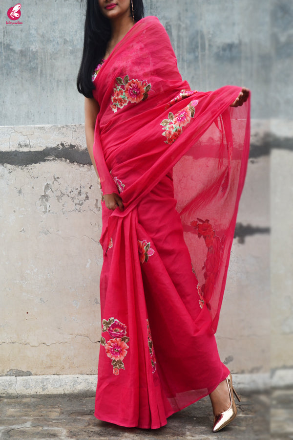 Magenta Organdy Applique Floral Saree
