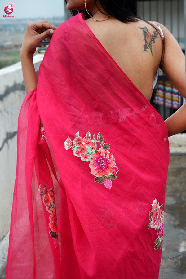 Magenta Organdy Applique Floral Saree