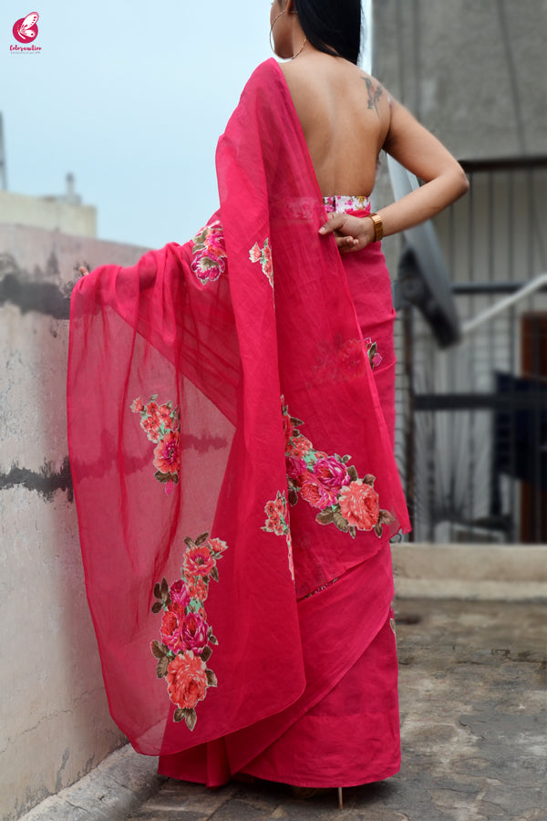 Magenta Organdy Applique Floral Saree