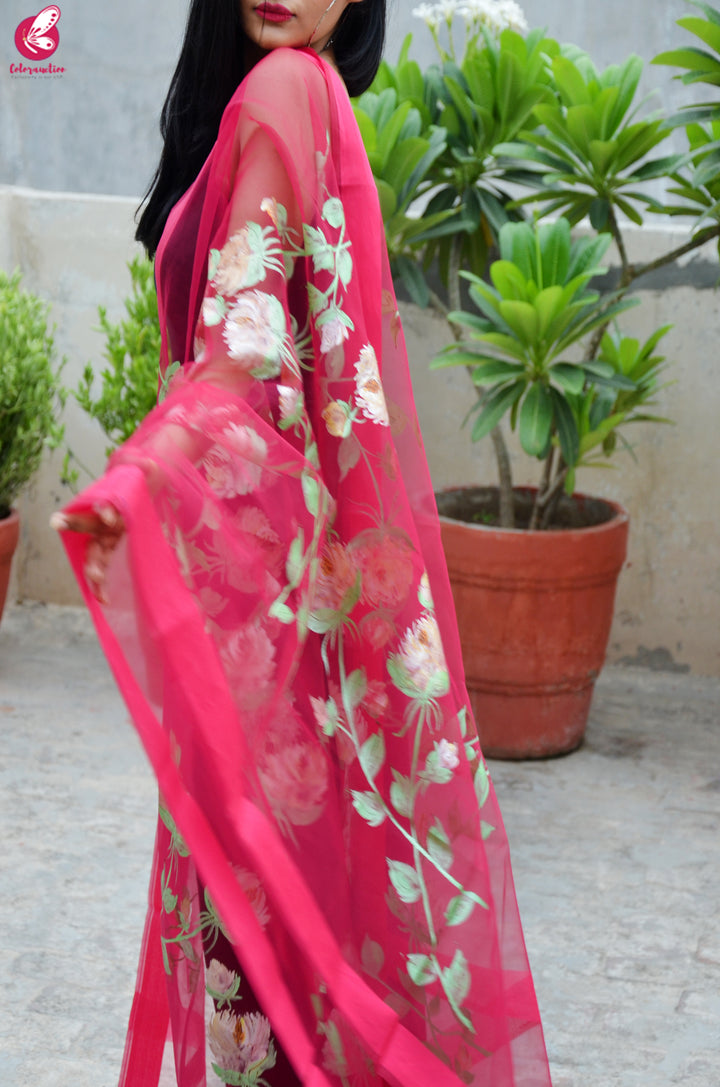 Pink Organza Hand painted Floral Stole