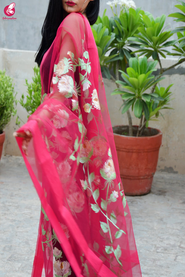 Pink Organza Hand painted Floral Stole