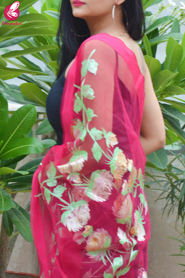Pink Organza Hand painted Floral Stole