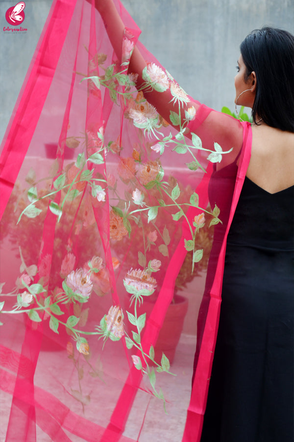 Pink Organza Hand painted Floral Stole