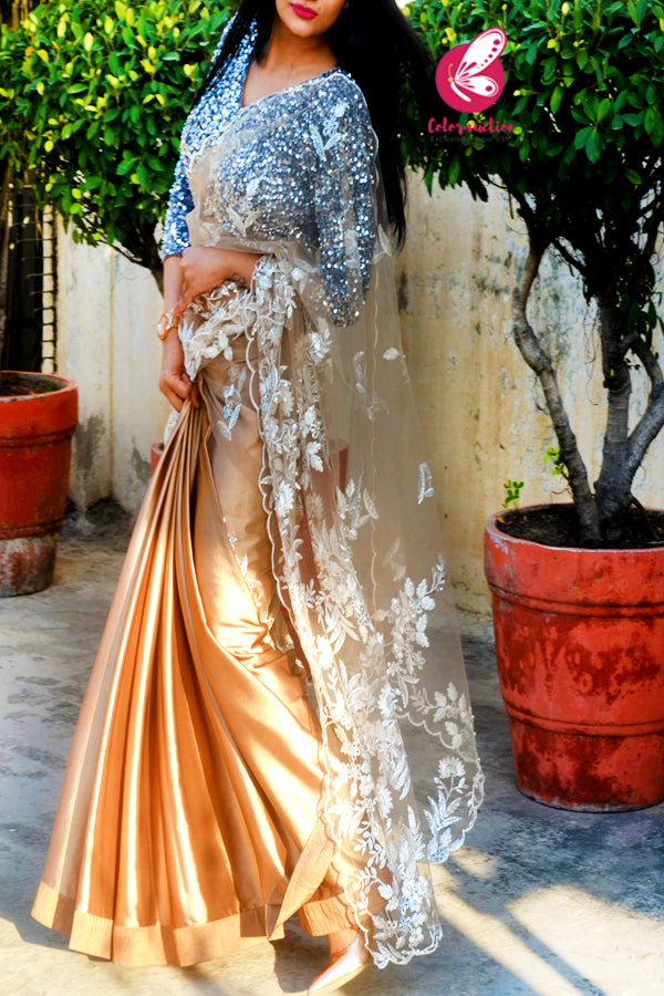 Golden Embroidered Net Satin Half & Half Saree