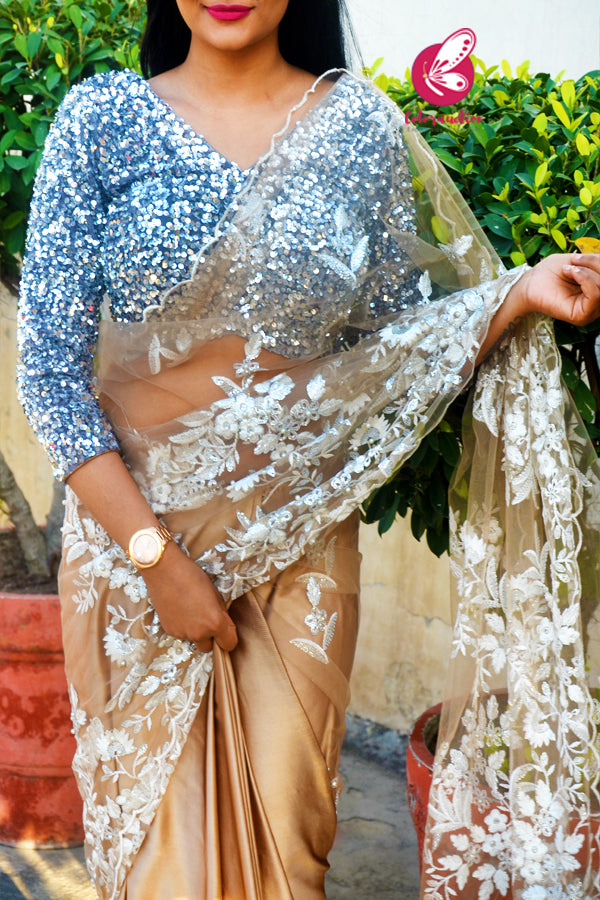 Golden Embroidered Net Satin Half &amp; Half Saree