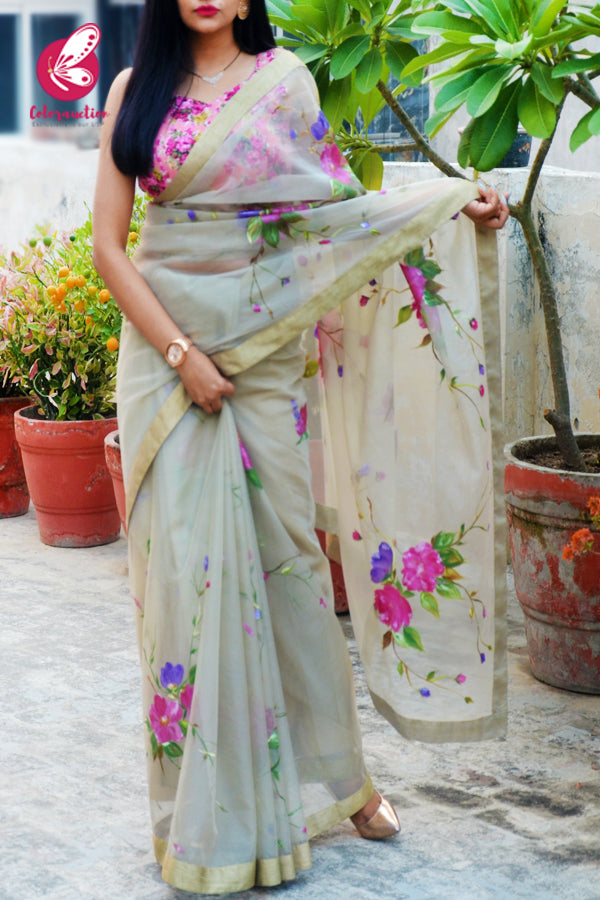 Light Sage Green Hand-painted Pure Organza Saree