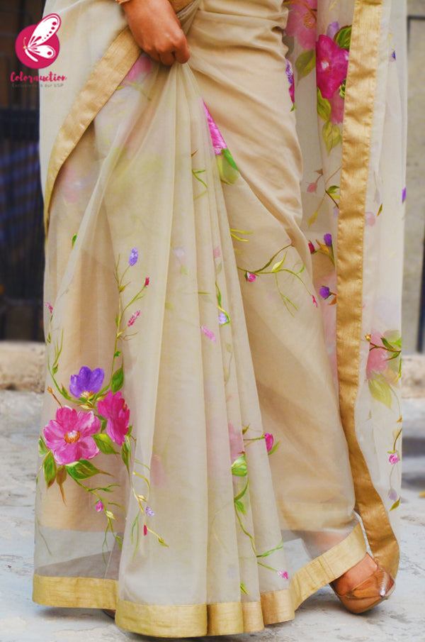 Light Sage Green Hand-painted Pure Organza Saree