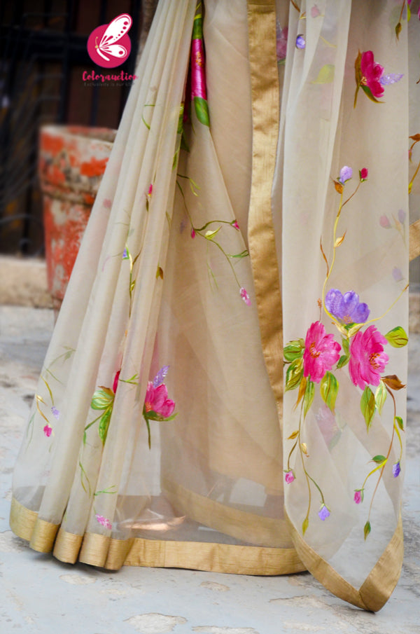Light Sage Green Hand-painted Pure Organza Saree