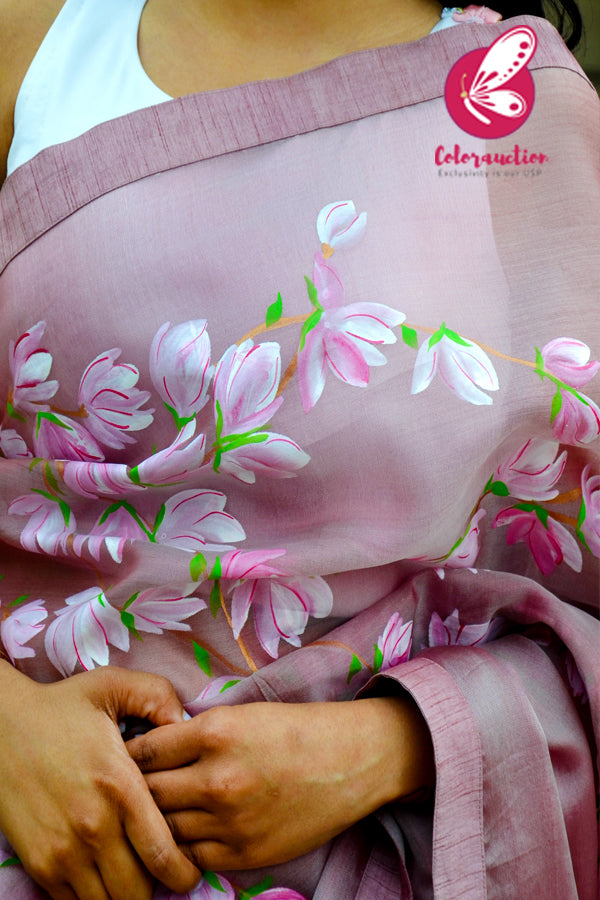 Mauve Hand-painted Pure Organza Saree