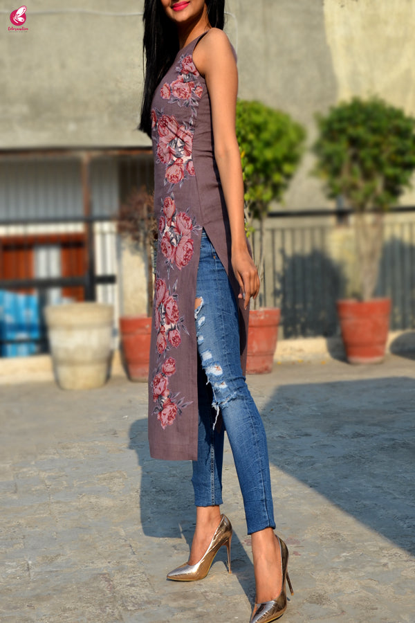 Mauve Pure Linen Patch Work Kurti