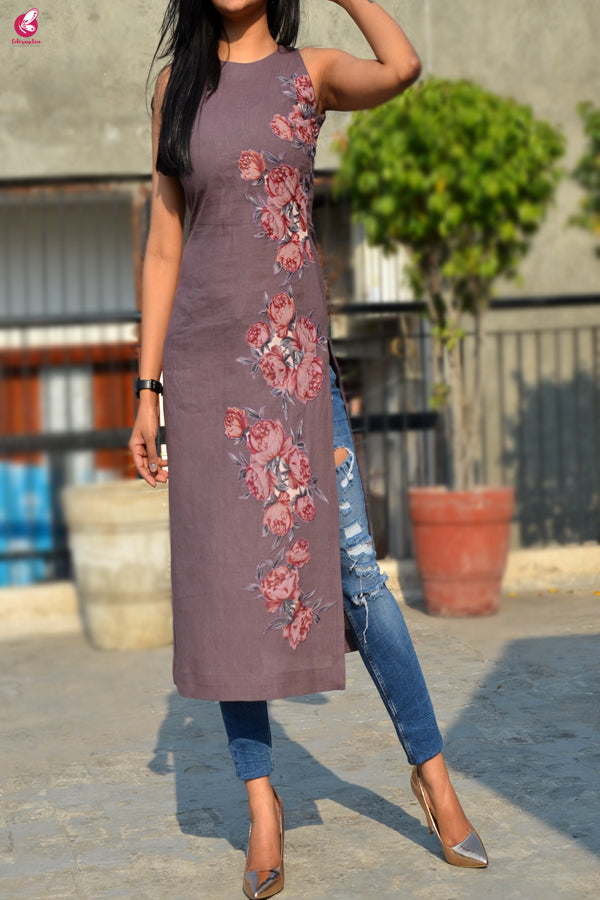 Mauve Pure Linen Patch Work Kurti
