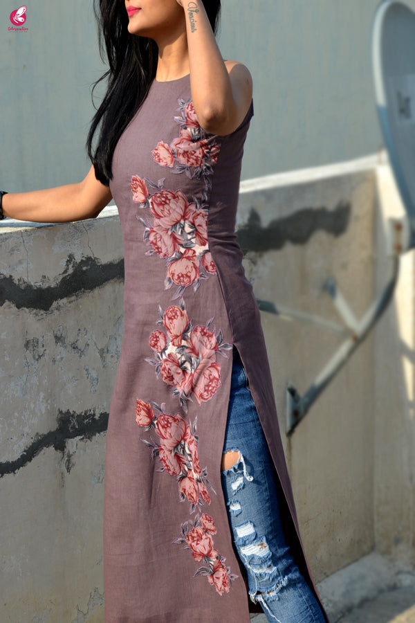 Mauve Pure Linen Patch Work Kurti